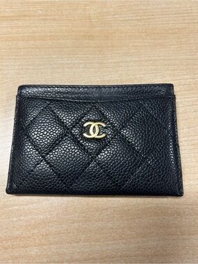 Chanel Black Quilted Cavier Leather Card Holder with Gold CC Logo- EUC